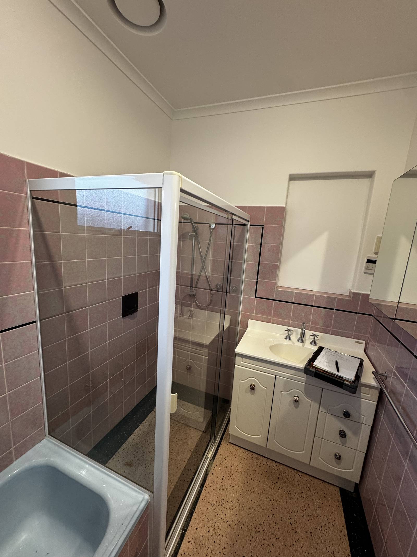 Magill bathroom before the renovation, with a framed shower, white vanity and pink wall tiles